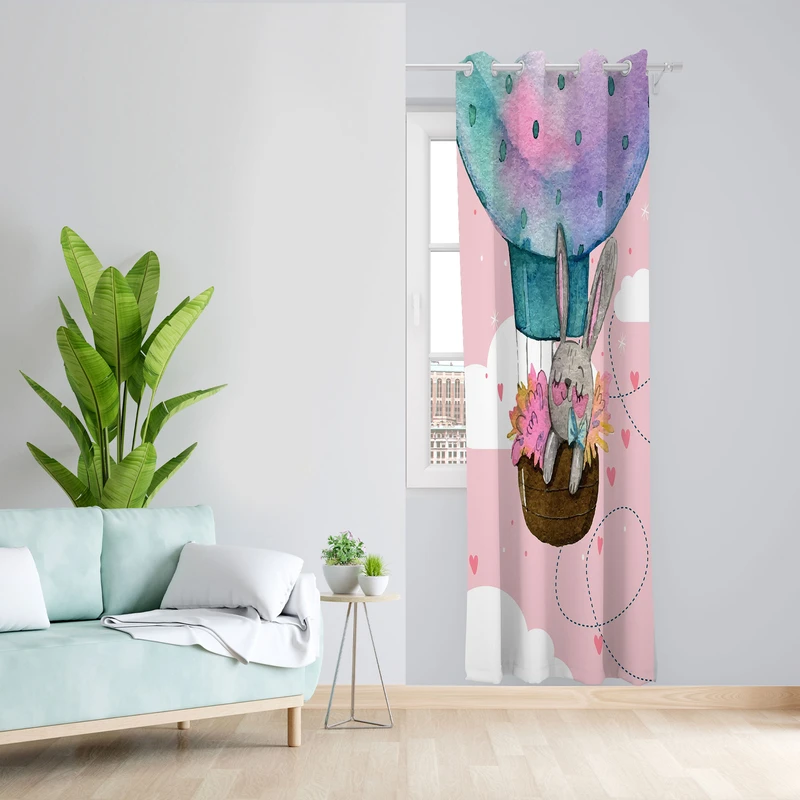 پرده مدل کودک مخمل پانچی طرح خرگوش و بالون کد 1161 سایز 200x140 سانتی متر