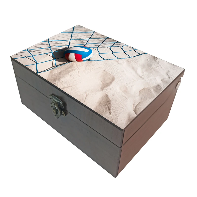 جعبه هدیه چوبی مدل J006 طرح توپ و تور والیبال ساحلی