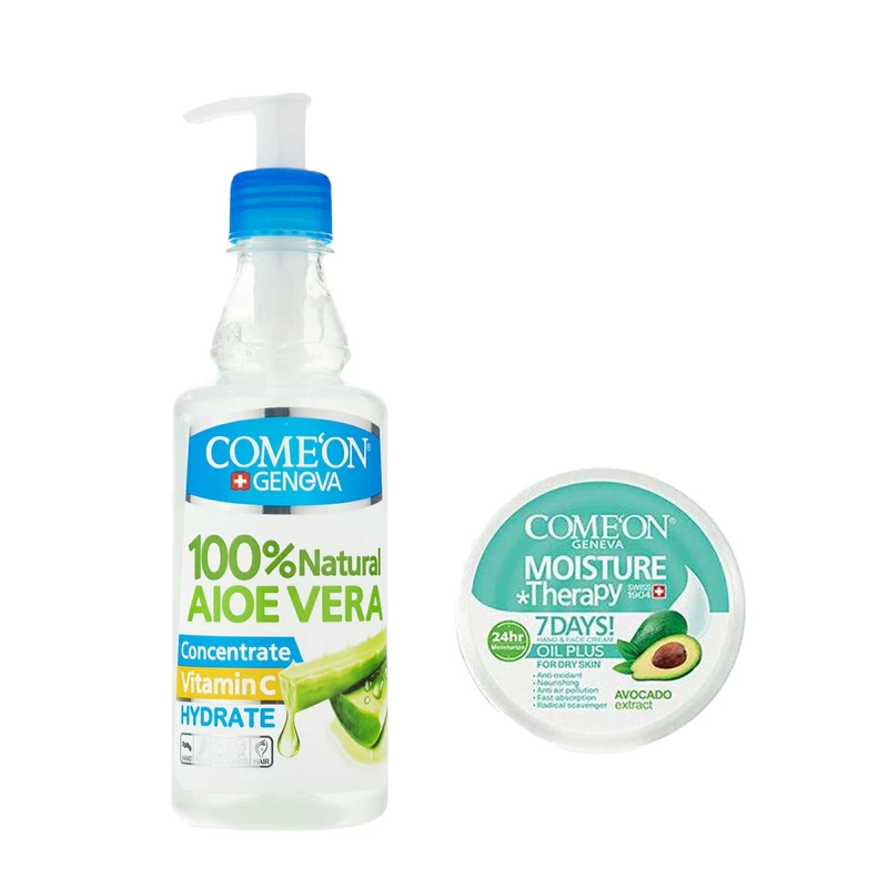 ژل آبرسان کامان مدل آلوئه ورا حجم 400 میلی لیتر به همراه کرم مرطوب کننده کامان مدل Oil Plus حجم 250 میلی لیتر