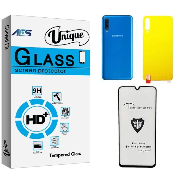 محافظ صفحه نمایش شیشه ای ای اف اس مدل Unique  MTB مناسب برای گوشی موبایل سامسونگ GALAXY A50  به همراه محافظ پشت گوشی