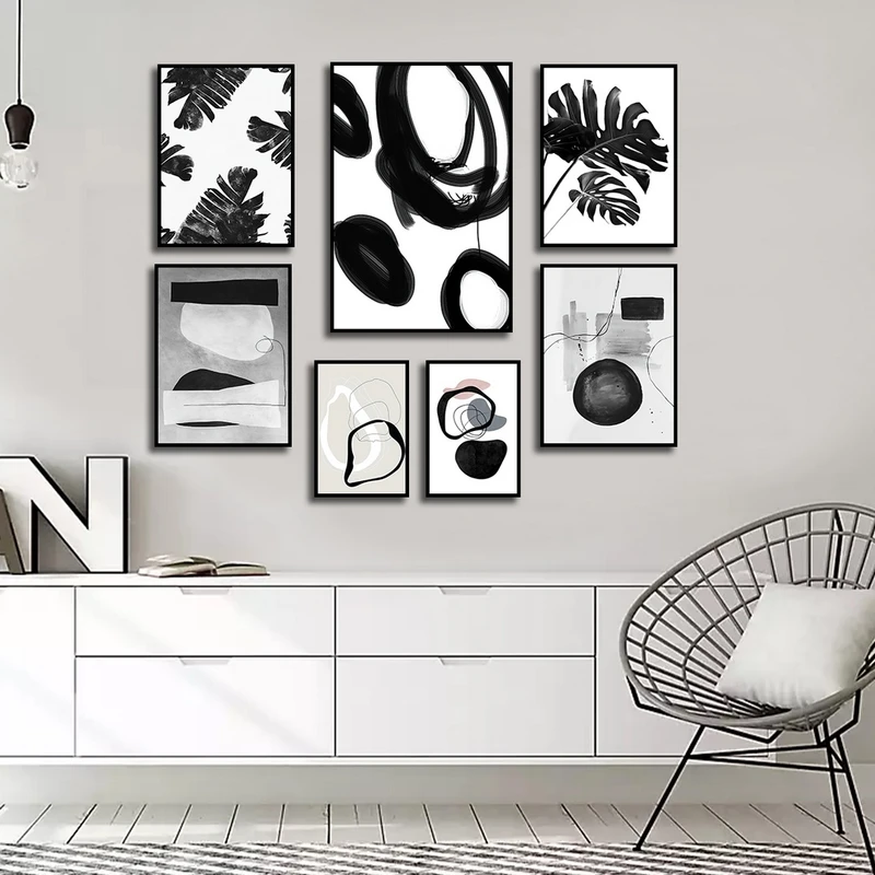 تابلو بکلیت طرح نقاشی مینیمال و برگ انجیری مدل B-2667 مجموعه 7 عددی