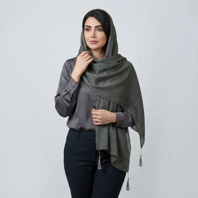 شال الیاف نخی زنانه مدل کریستال نگین دار با طول و عرض 75*185 سانتی‌متر