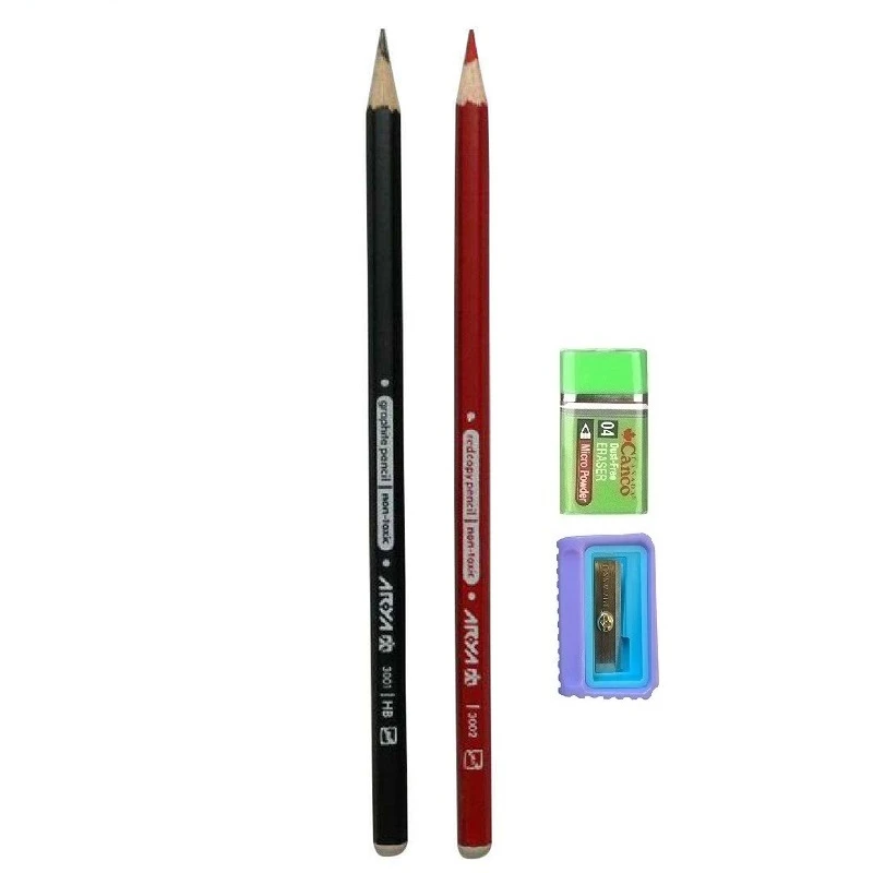 مداد آریا مدل مدرسه به همراه پاکن و تراش مجموعه 4 عددی