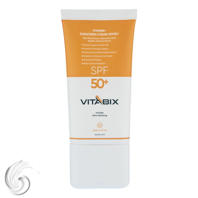 کرم ضد آفتاب بدون رنگ ویتابیکس SPF 50 مدل +Vitamin ‌مناسب پوست‌ خشک حجم 50 میلی‌لیتر محافظت‌کننده اشعه UVA و UVB، بدون تست حیوانی، با ماندگاری 2 ساعته