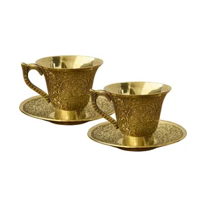 ست 4 تکه فنجان و نعلبکی برنجی طرح گل و مرغ مدل 103