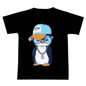 تی شرت  آستین کوتاه زنانه مدل پنگوئن نگین دار رنگ مشکی