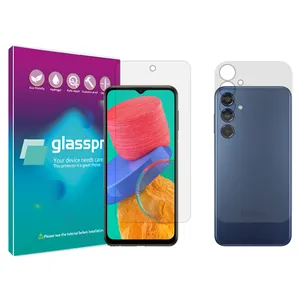 Glass pro Resistant model transparent screen protector suitable for Samsung Galaxy M35 mobile phone along with the back of the phone
