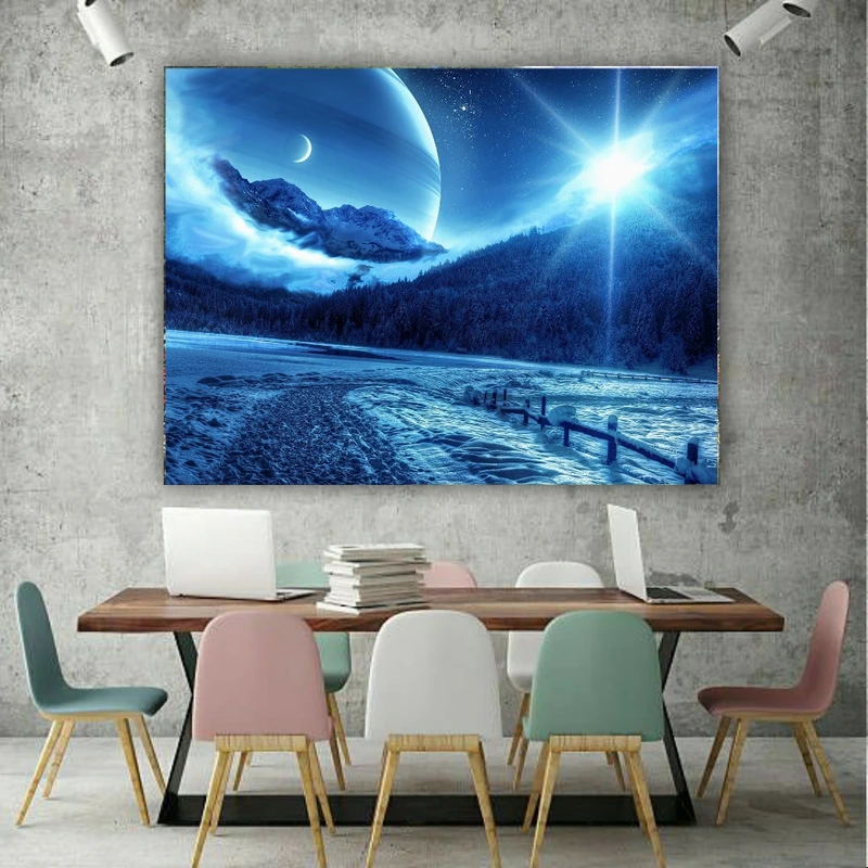 تابلو بوم طرح مخمل نمای آسمان در شب و سیاره ها مدل برفی کد AR303733