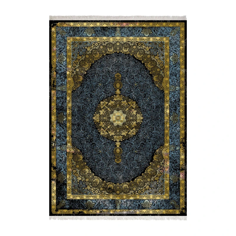 فرش ماشینی 1000 شانه زانیس زمینه سرمه‌ای حاشیه سدری مدل چاپی