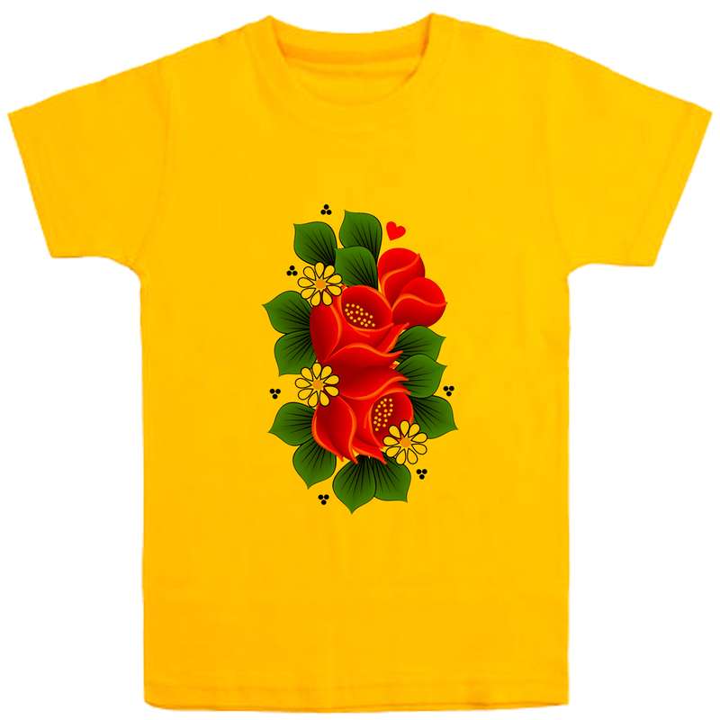 تی شرت آستین کوتاه دخترانه مدل لاله قرمز D69 رنگ زرد