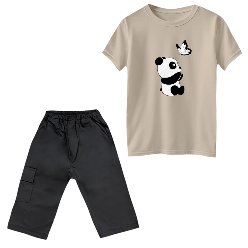 ست تی‌شرت و شلوارک پسرانه مدل پاندا و پروانه رنگ کرم