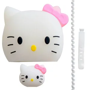 محافظ کابل طرح hello kitty به همراه محافظ شارژر دیواری 20 وات اپل مجموعه 4 عددی
