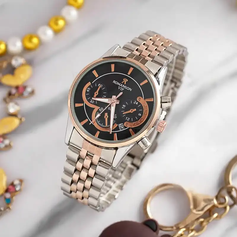 ست ساعت مچی عقربه ای زنانه و مردانه مدل تک موتوره صفحه طرحدار بند فلزی کد 2