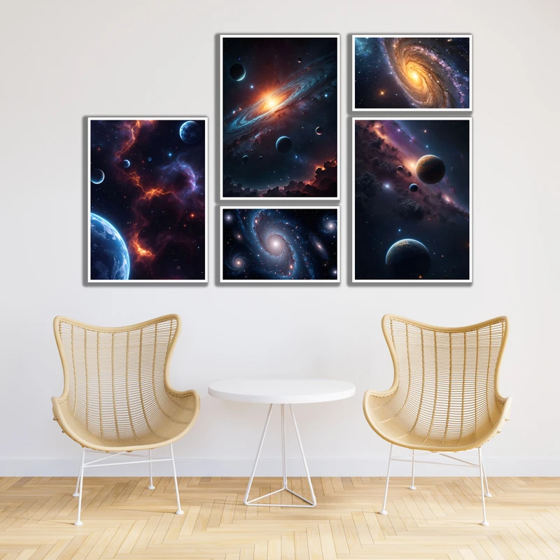 تابلو بکلیت مدل قاب شاسی طرح دکوراتیو کهکشان و منظومه شمسی کد W-MR-1068 مجموعه 5 عددی فریم سفید