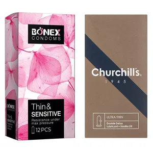 کاندوم چرچیلز مدل Ultra Thin Double Delay بسته 12 عددی به همراه کاندوم بونکس مدل Thin & Sensitive بسته 12 عددی 