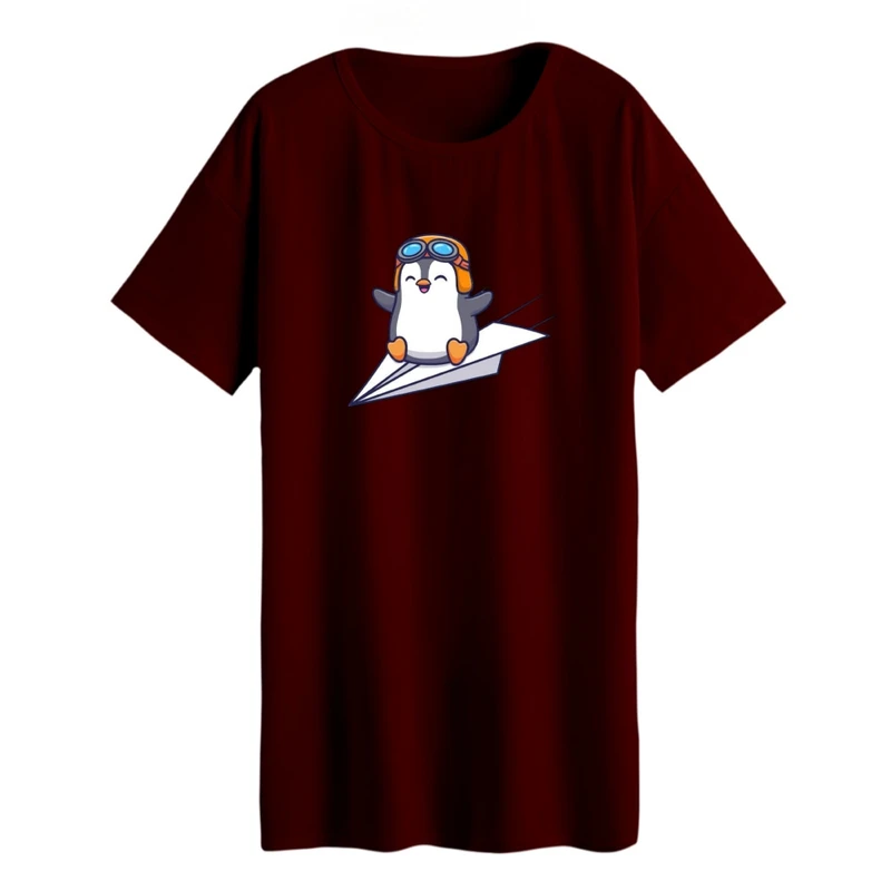 تی شرت لانگ زنانه مدل پنگوِئن موشک سوار