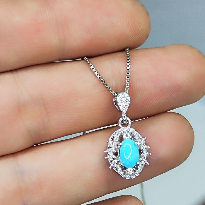 گردنبند نقره زنانه مدل فیروزه نیشابور آبکاری رادیوم کد 6770 - - 6