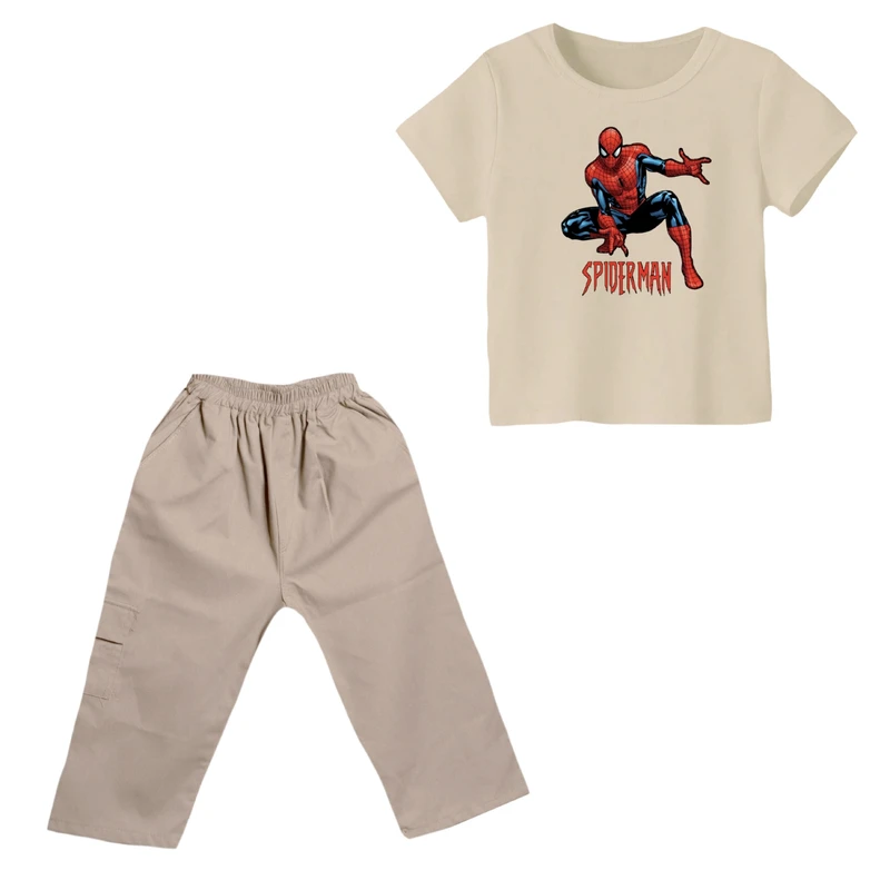ست تی شرت و شلوارک پسرانه مدل مرد عنکبوتی کد ۱۸ رنگ کرم