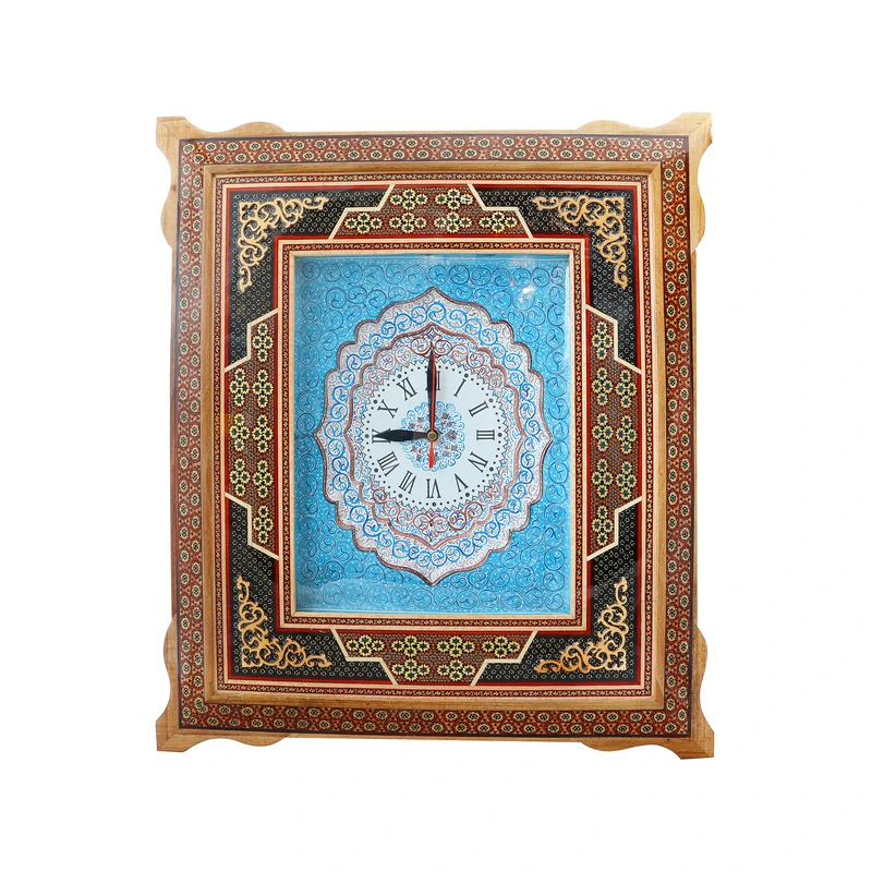 ساعت دیواری خاتم کاری چوبی صنایع دستی فاخر مدل جاویدنگار طرح آرون کد 53p46in2922