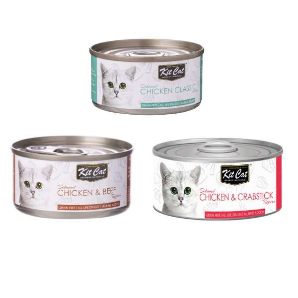 کنسرو گربه کیت کت مدل  chicken,chicjen and beef,chicken and crab stick وزن 80 گرم بسته سه عددی