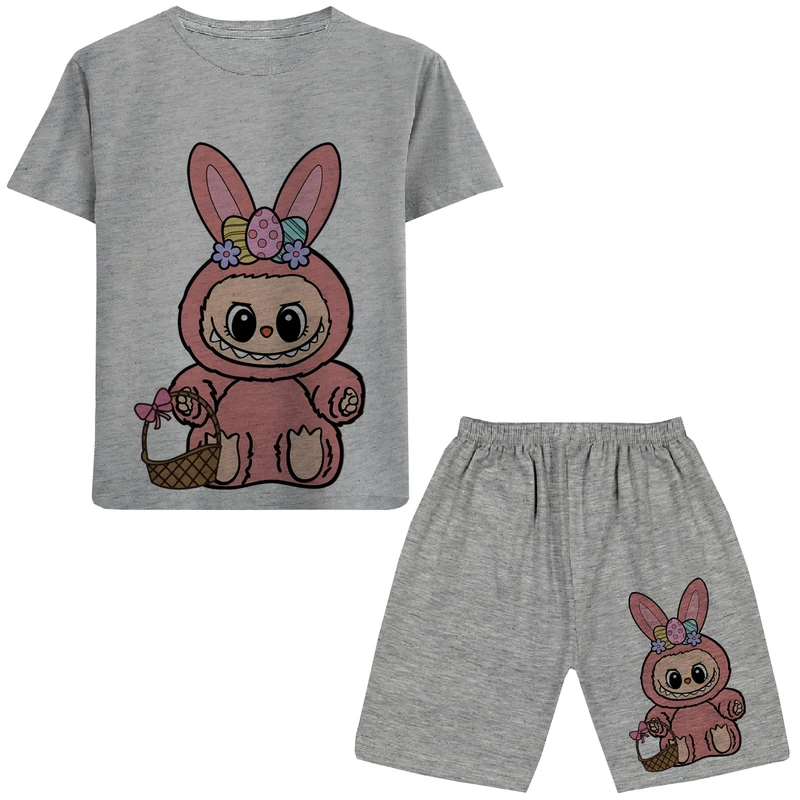 ست تی شرت آستین کوتاه و شلوارک راحتی دخترانه مدل A103 LABUBU