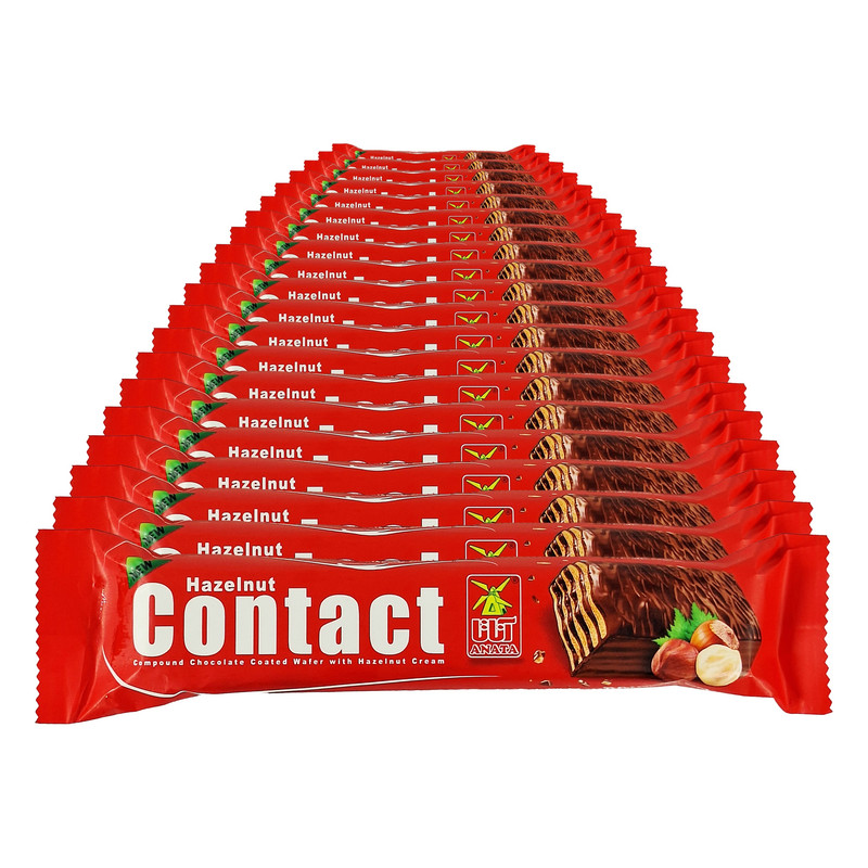 ویفر روکش کاکائو با کرم فندقی کنتاکت آناتا - 45 گرم بسته 20 عددی