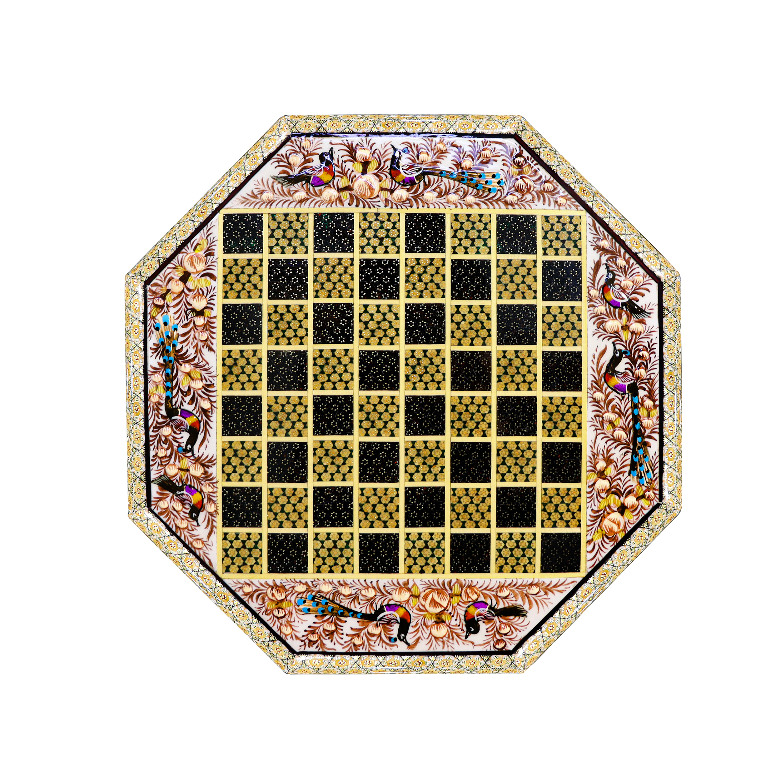 صفحه شطرنج خاتم کاری مدل 8 ضلعی طرح گل و مرغ برجسته کد Octagonal36pn