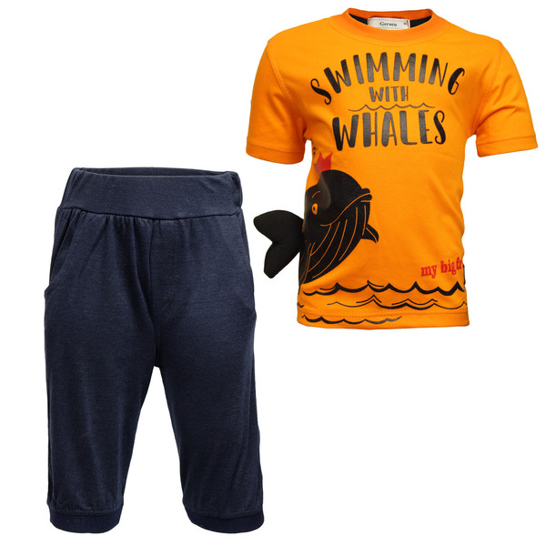 ست تی شرت و شلوارک پسرانه مدل نهنگ رنگ نارنجی