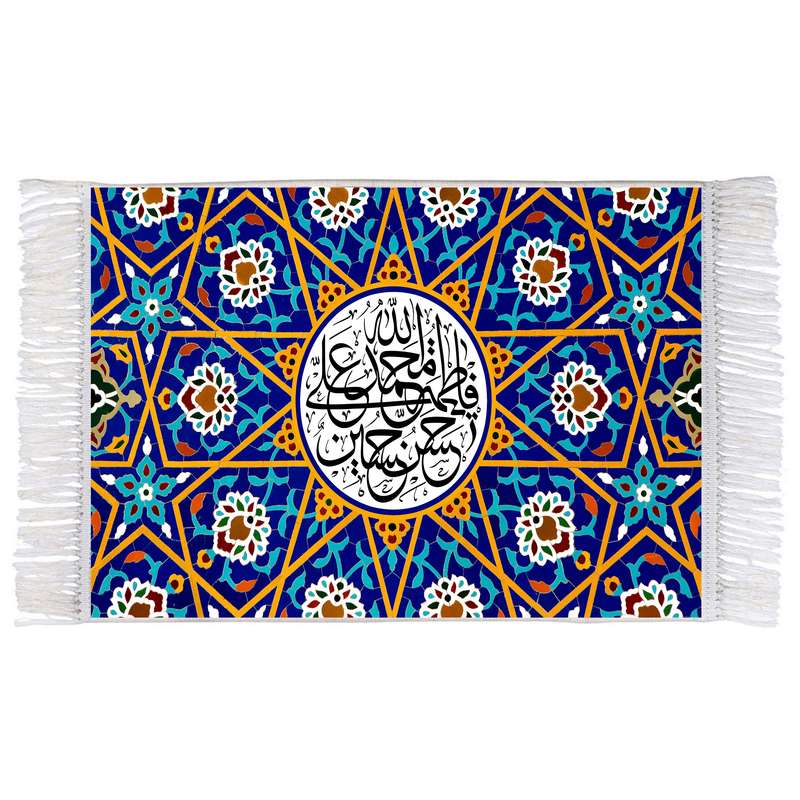 فرش ماشینی دیوارکوب اطلس آبی طرح پنج تن آل عبا محمد و فاطمه و علی و حسن و حسین مدل T2501