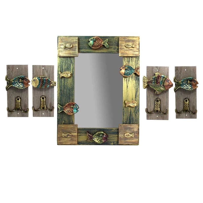 آویز لباس به همراه آینه مدل ماهی مجموعه 5 عددی