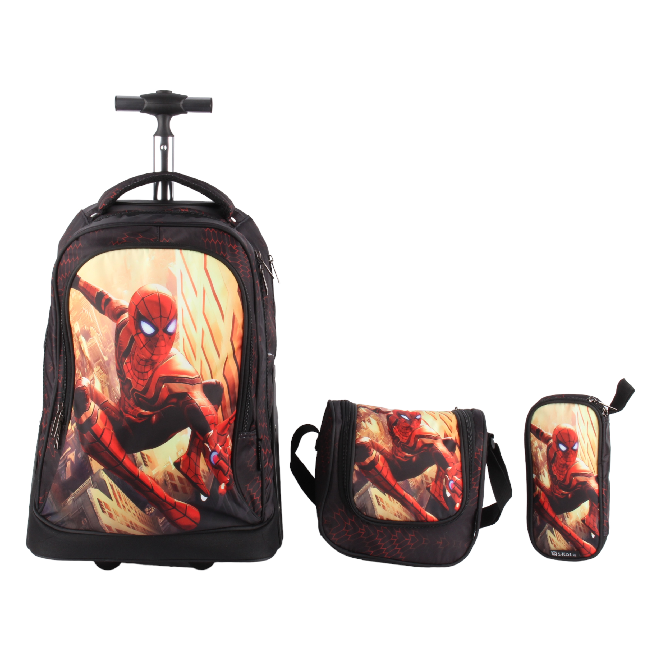 کوله پشتی چرخ دار مدل E620 طرح مرد عنکبوتی به همراه کیف غذا و جامدادی