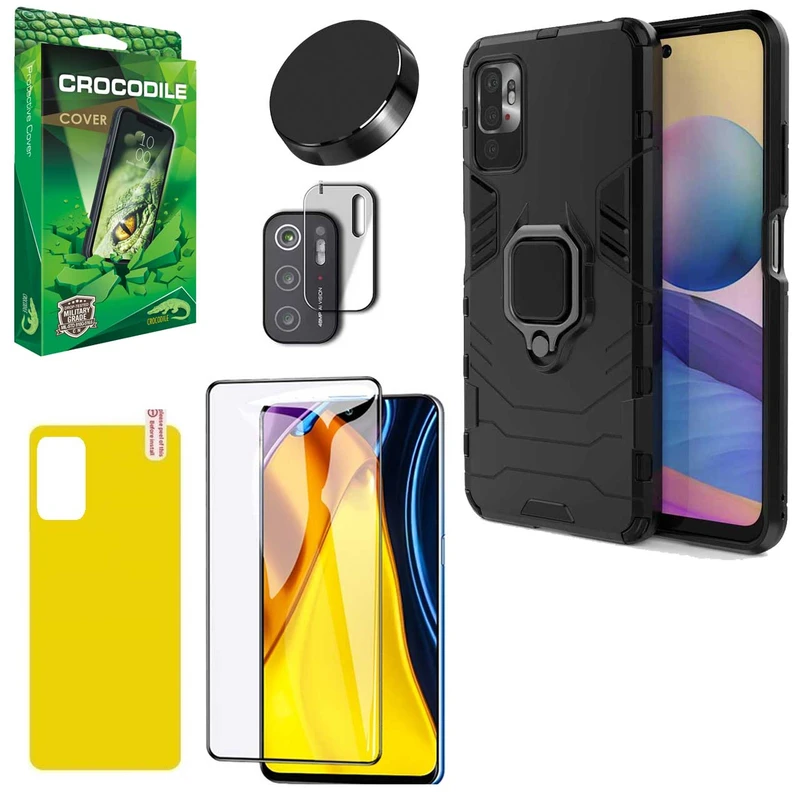 کاور کروکودیل مدل C-GHB-BNDL مناسب برای گوشی موبایل شیائومی Poco M3 Pro به همراه محافظ صفحه نمایش و محافظ لنز دوربین و برچسب محافظ پشت گوشی و پایه نگهدارنده آهنربایی