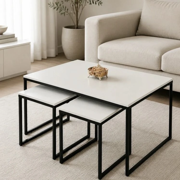 میز جلومبلی مستطیل با پایه فلز و صفحه MDF مدل کوین کدf-21 مجموعه سه عددی