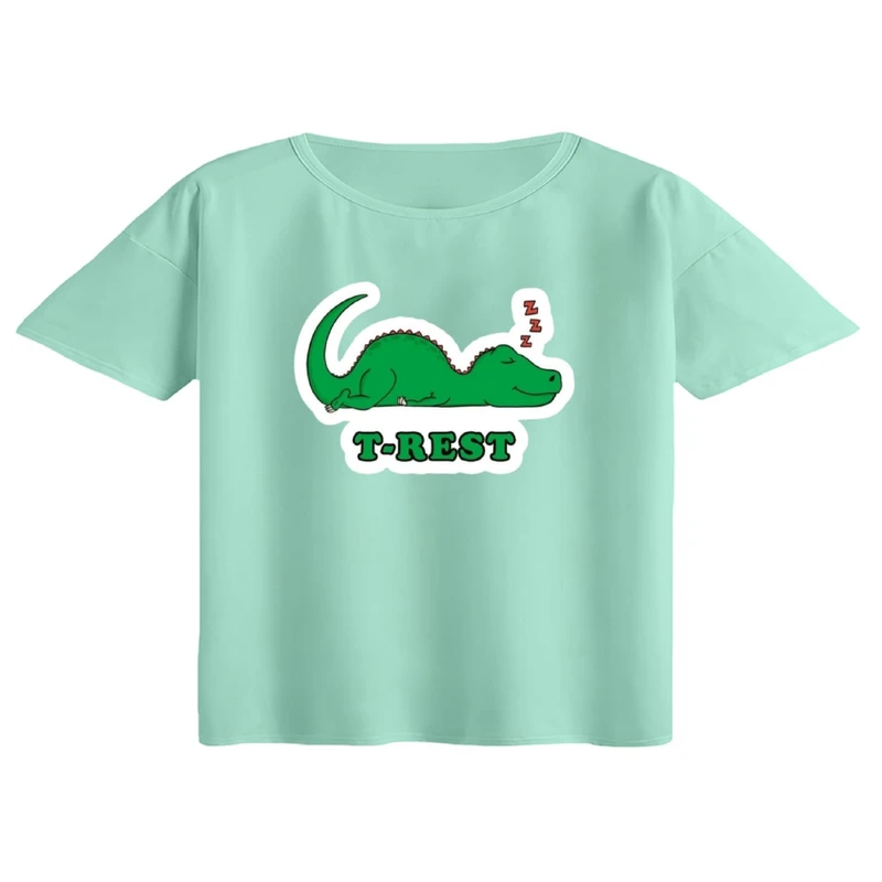 کراپ تی‌شرت آستین کوتاه زنانه مدل دایناسور خسته