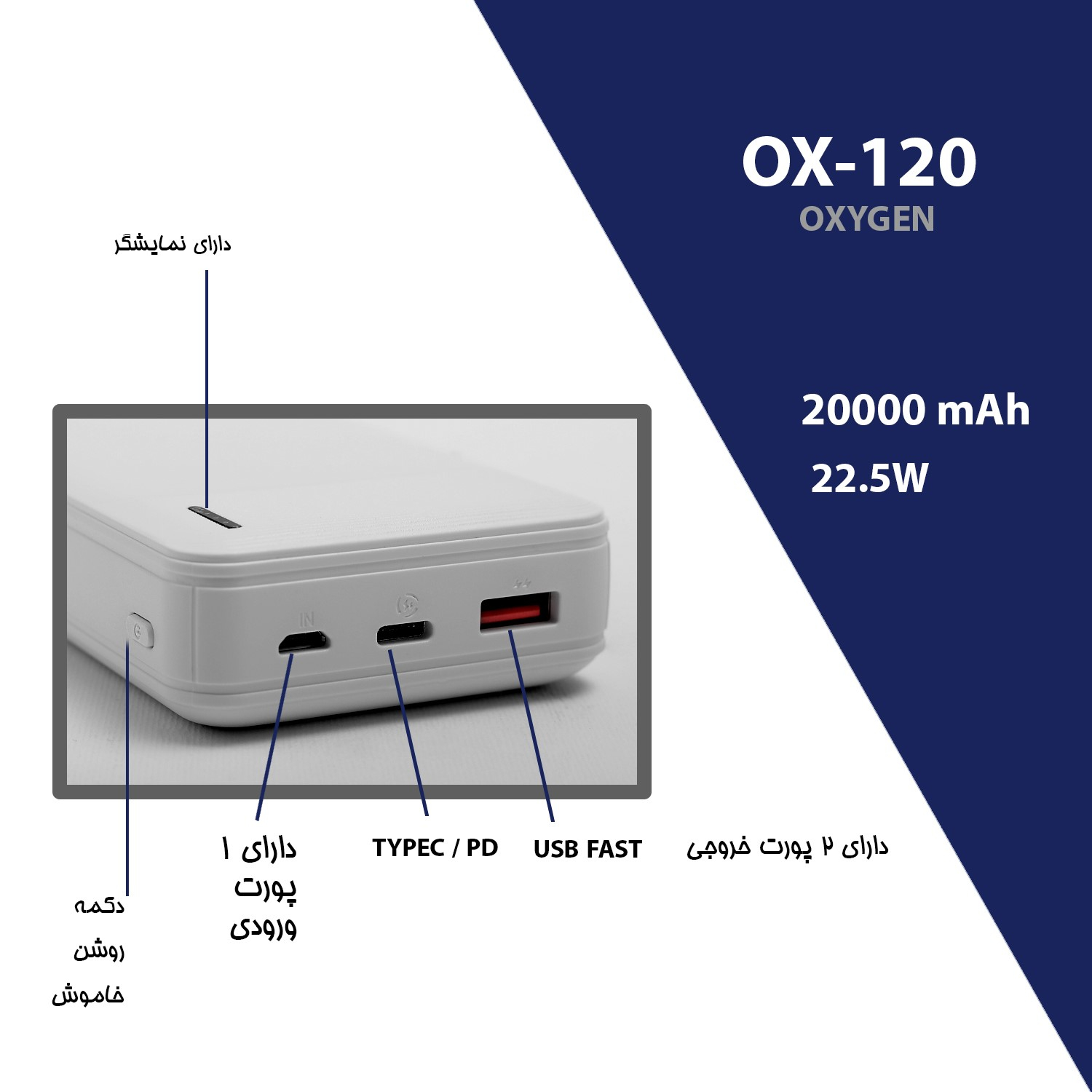 پاوربانک اکسیژن مدل OX120 ظرفیت 20000 میلی آمپر ساعت
