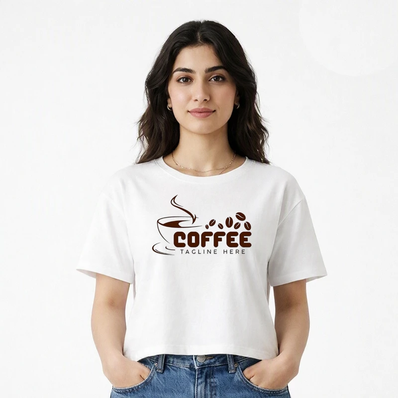 کراپ تی شرت آستین کوتاه زنانه طرح فنجان قهوه کد v13