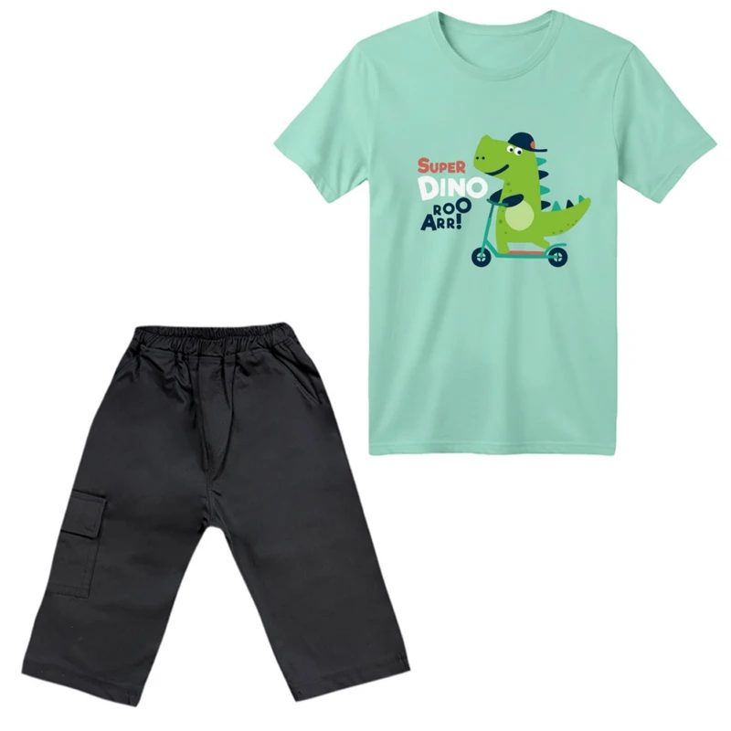 ست تی‌شرت آستین کوتاه و شلوارک پسرانه مدل دایناسور کد ۱۰