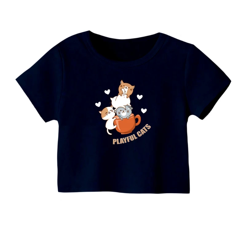 کراپ‌ تی‌شرت آستین کوتاه زنانه مدل گربه های بازیگوش