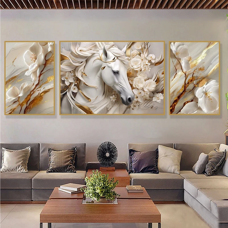 تابلو مدل دکوراتیو مدرن طرح گل و اسب مجموعه سه عددی