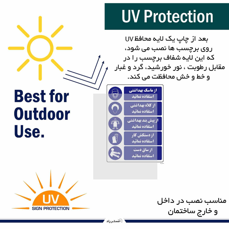 برچسب ایمنی مستر راد طرح از ماسک،کلاه،پیشبند بهداشتی و دستکش کار وساق دست استفاده نمایید کد HSE-OSHA-002 برچسب ایمنی مستر راد طرح از ماسک،کلاه،پیشبند بهداشتی و دستکش کار وساق دست استفاده نمایید کد HSE-OSHA-002