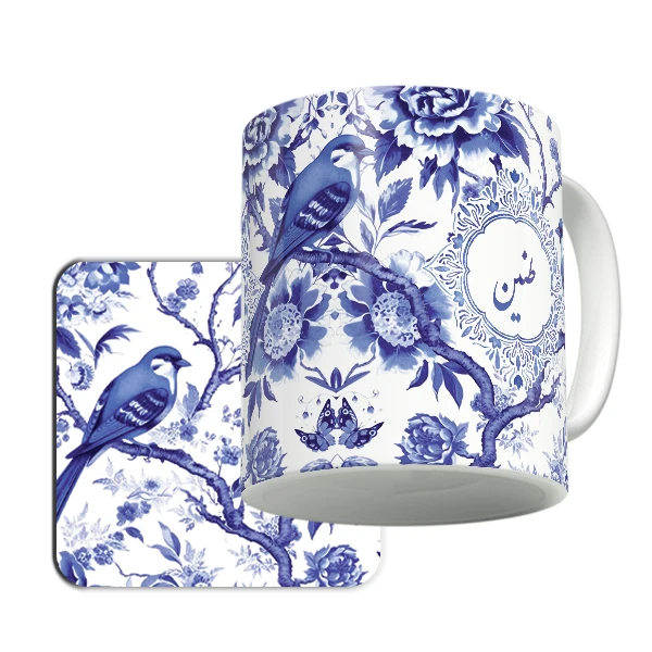 ماگ لاژید مدل اسم طنین طرح نقاشی آبرنگ به همراه زیر لیوانی