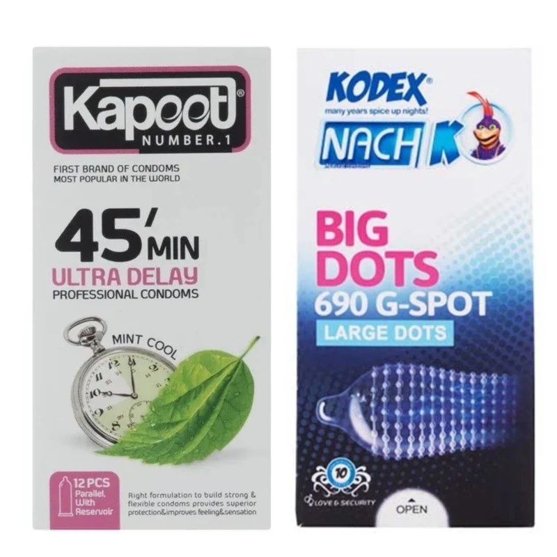 کاندوم ناچ کدکس مدل بیگ دات  بسته 10 عددی به همراه کاندوم تاخیری کاپوت مدل 45 دقیقه بسته 12 عددی
