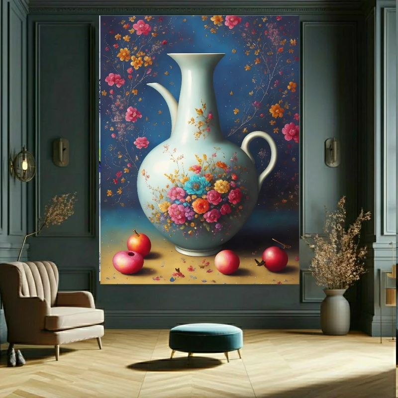 پوستر پارچه ای مخمل طرح ظرف چینی مدل گل های رنگارنگ کد BK23352