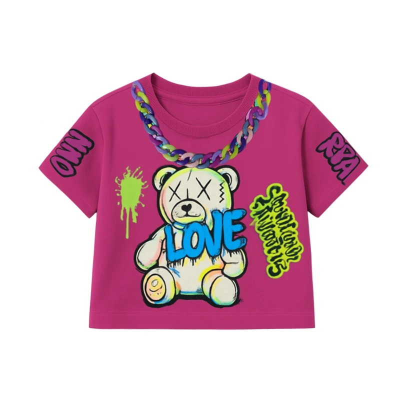 کراپ تی‌شرت آستین کوتاه دخترانه مدل زنجیری کد A