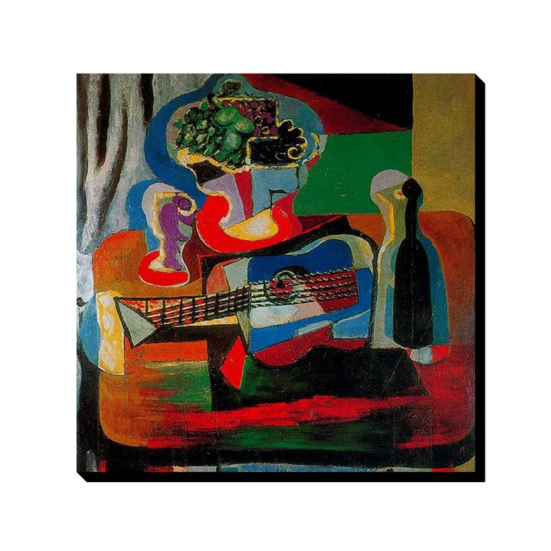تابلو ترمه طراحان ایده طرح گیتار، بطری، دیس میوه و لیوان روی میز از پیکاسو کد art0347