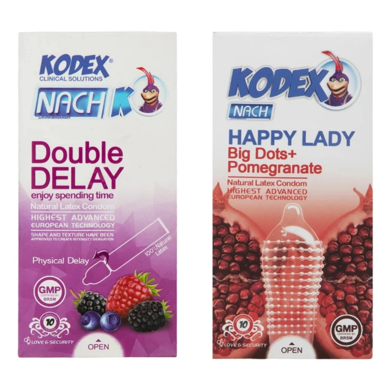 کاندوم تاخیری ناچ کدکس مدل دبل دیلی بسته 10 عددی به همراه کاندوم خاردار ناچ کدکس مدل هپی لیدی بسته 10 عددی