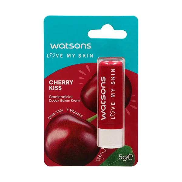 بالم لب ماتیکی واتسونز مدل Cherry Kiss، آبرسان و نرم‌کننده، مناسب برای لب‌های بسیار خشک و ترک‌خورده، با رایحه گیلاس و حاوی کره شی و ویتامین E