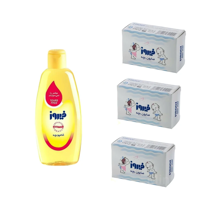 شامپو بچه فیروز مدل A حجم 200 میلی لیتر به همراه  صابون بچه فیروز مدل B حجم 75 گرم بسته 4 عددی