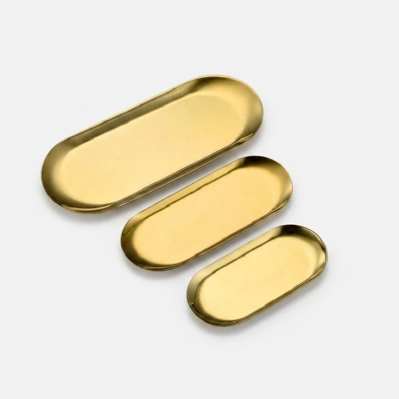 سینی سرو استیل مجموعه سه عددی شامل سایز کوچک 18x8، متوسط 23x9 و بزرگ 26x11 سانتی‌متر