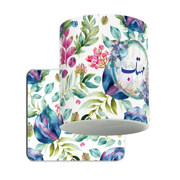 ماگ لاژید مدل اسم مهتاب طرح گلدار به همراه زیرلیوانی